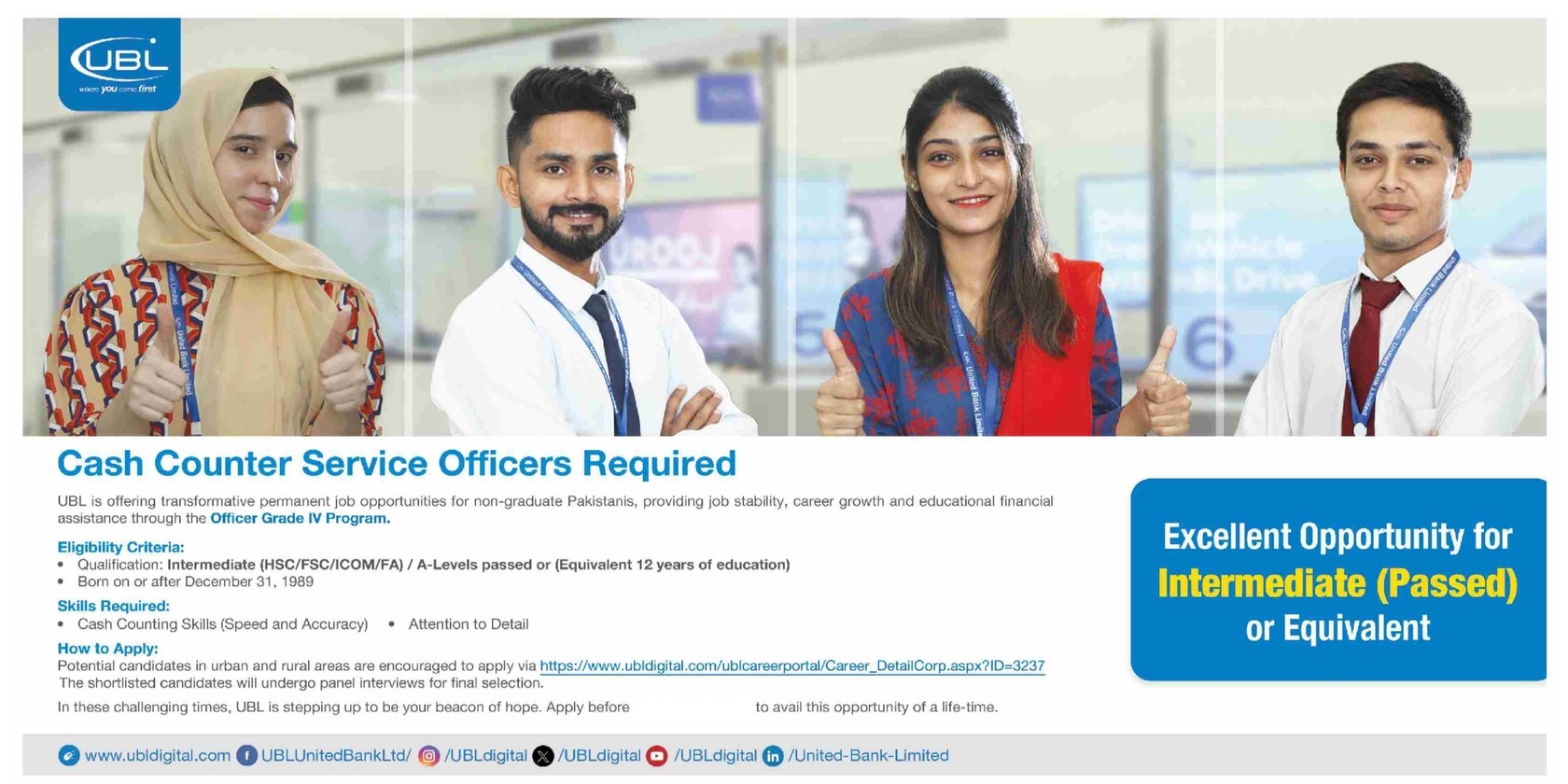 UBL Jobs 2024 for Inter Pass Students Officer Grade IV (Non-Graduate Program)