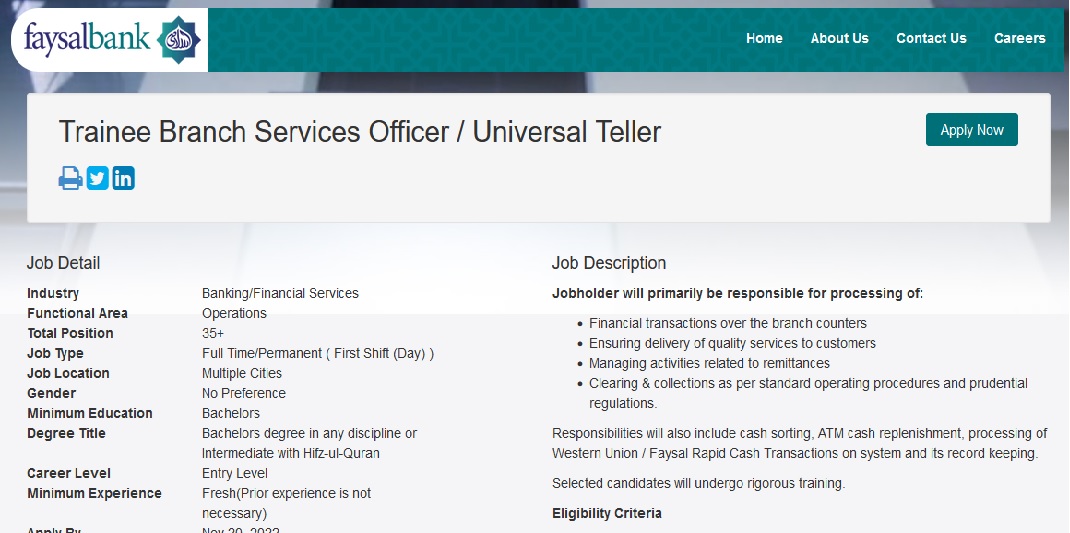 Faysal Bank Jobs 2022 Branch Service Officers Universal Tellers
