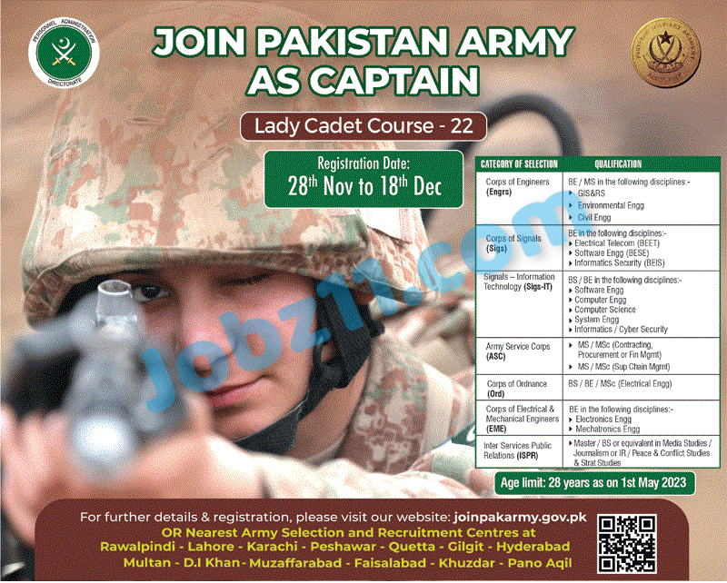 Join Pakistan Army as Captain Through LCC Lady Cadet Course 22 Online Registration