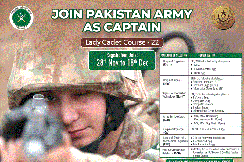 Join Pakistan Army as Captain Through LCC Lady Cadet Course 22