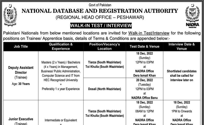 NADRA KPK Jobs 2022