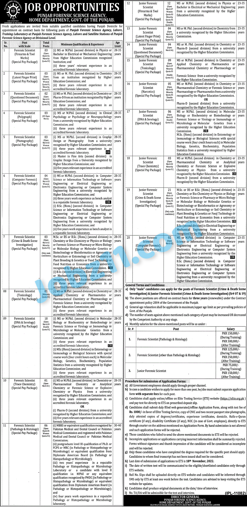 Punjab Forensic Science Agency Jobs 2022 Online Applications
