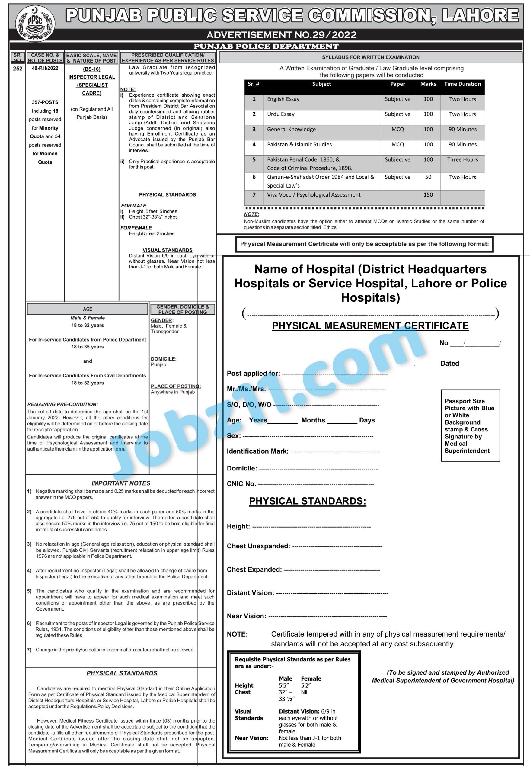 Punjab Police Jobs 2022 Inspectors Legal 357 Posts Apply Online via PPSC