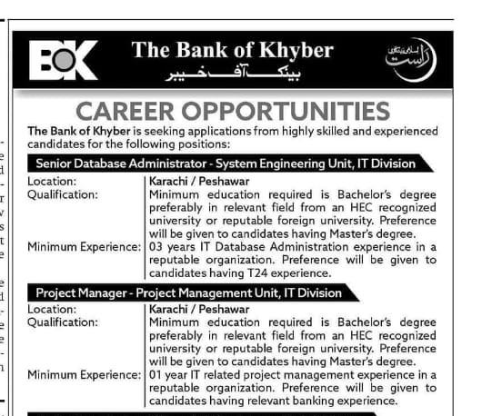 The Bank of Khyber Latest jobs 2022