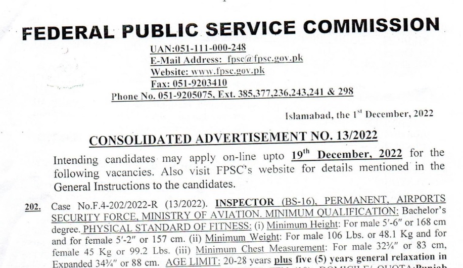 FPSC Jobs Advertisement 13 2022 Apply Online All Over Pakistan