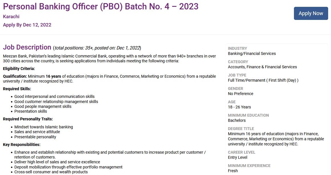 Meezan Bank Personal Banking Officers Batch 04th 2023 PBO Apply Online