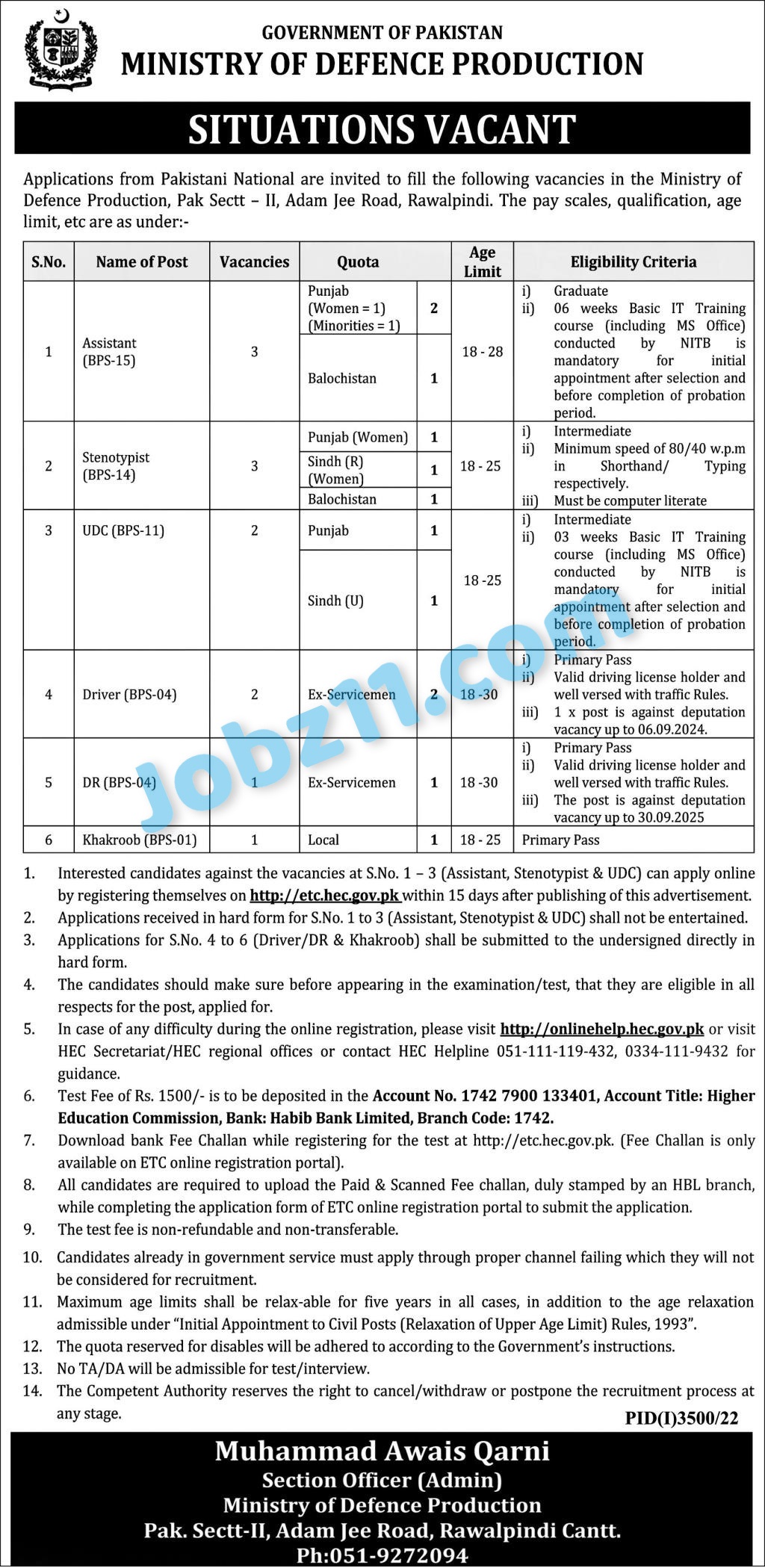 Ministry of Defence Production Jobs 2022 Federal Govt Jobs in MOD