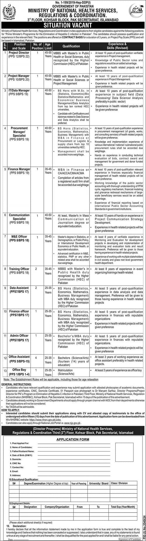 Ministry of National Health Services Jobs 2024 Latest Advertisement