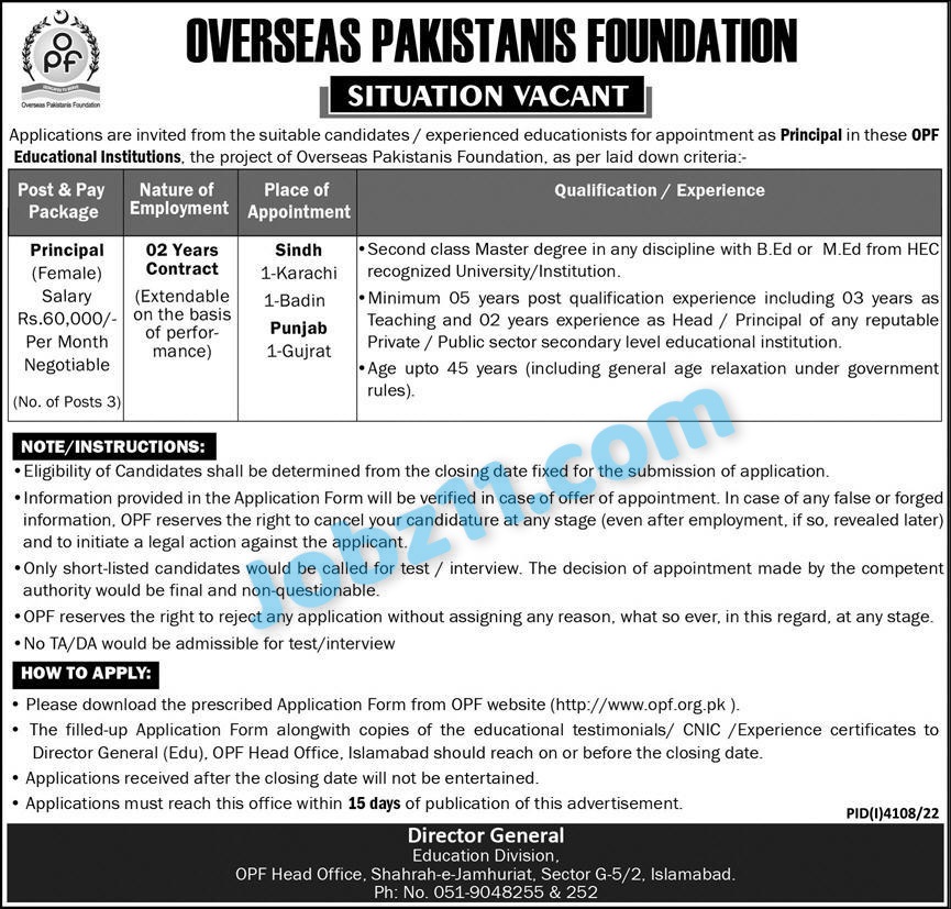 Overseas Pakistanis Foundation Principal Jobs 2023 Apply Online