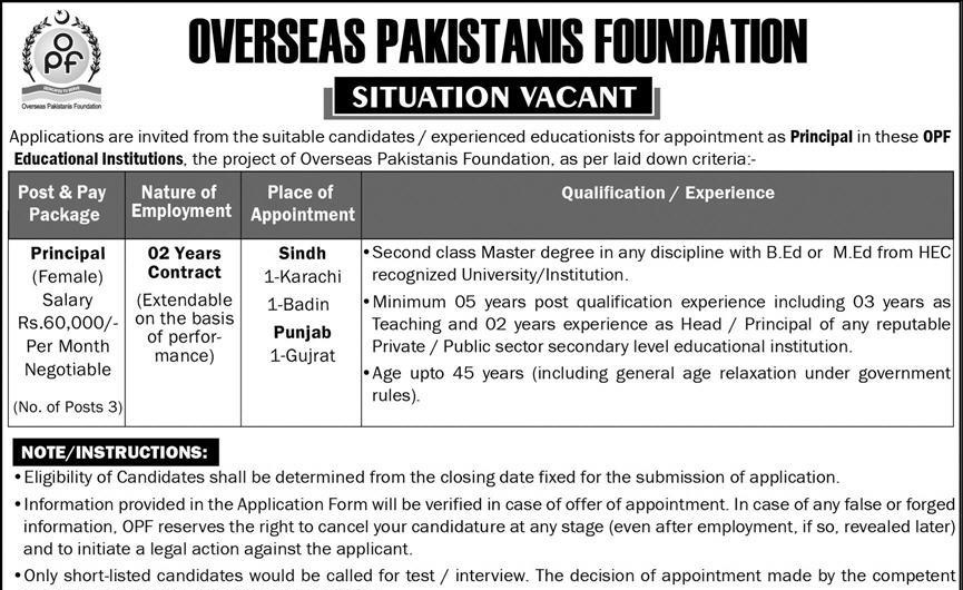 Overseas Pakistanis Foundation Principal Jobs 2023