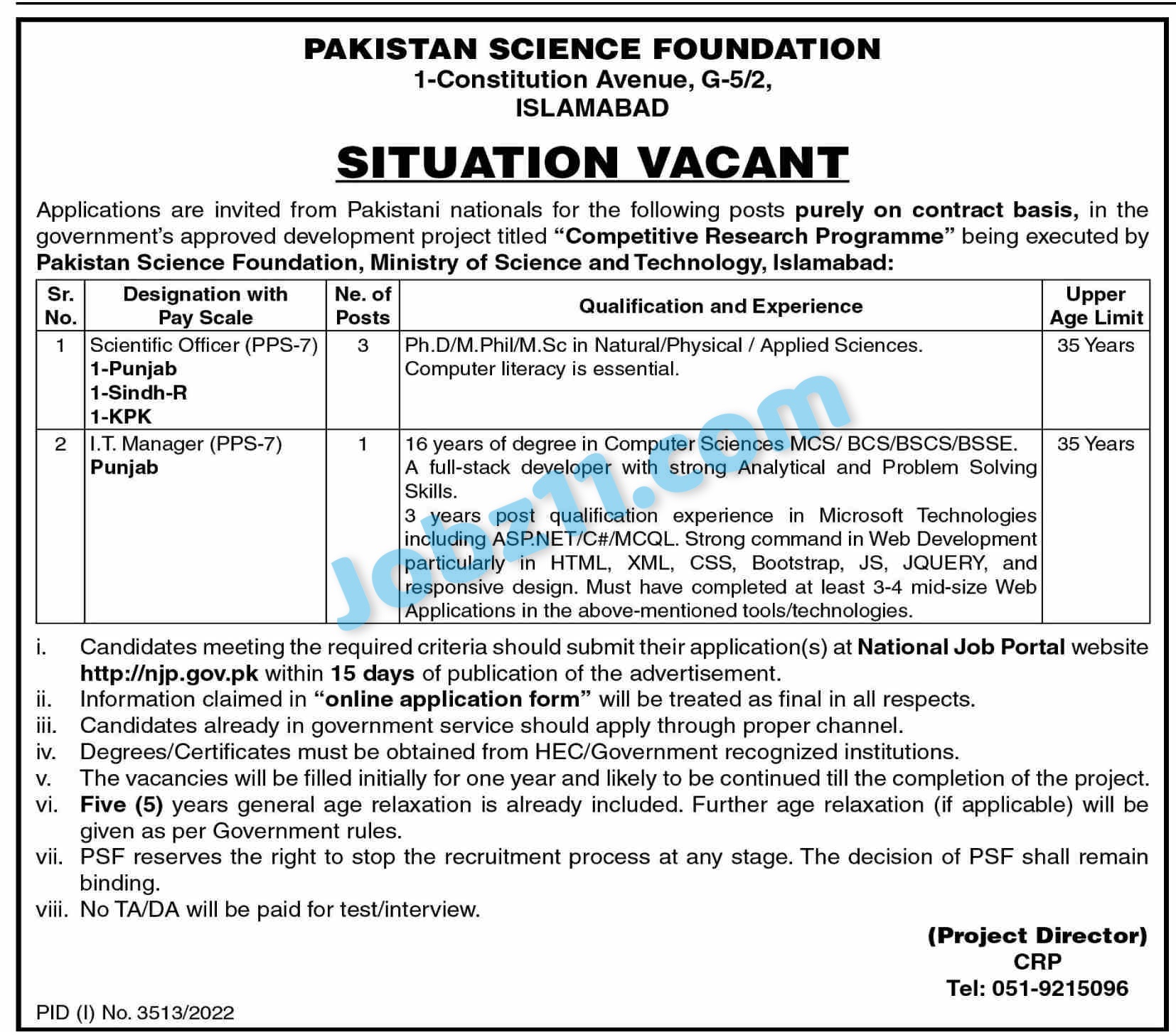 Pakistan Science Foundation Jobs 2022 Scientific Officers IT Managers
