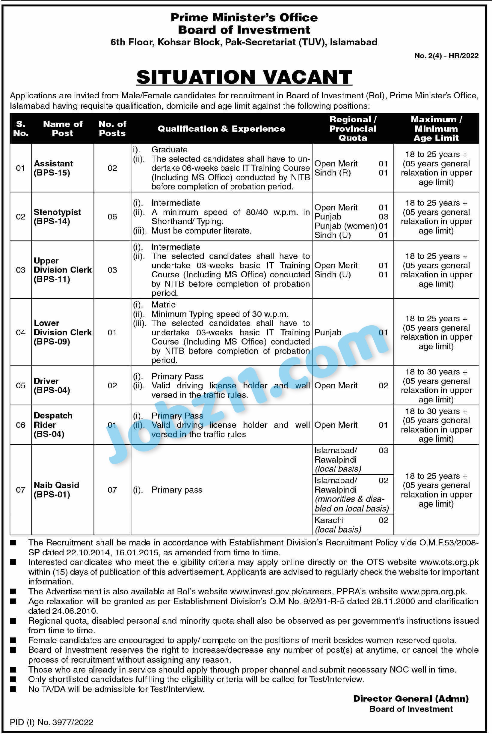 Prime Minister Office Jobs 2023 Board of Investment Online Applications