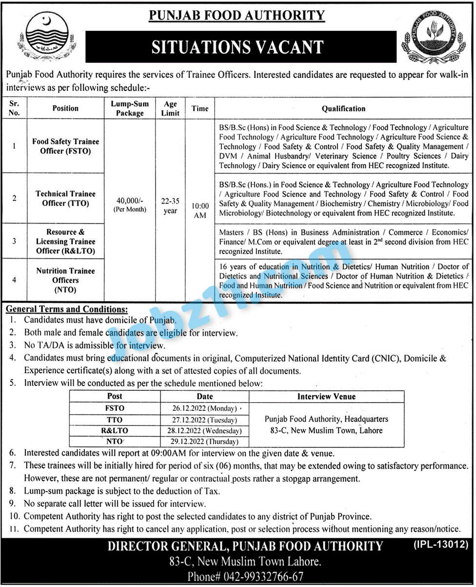 Punjab Food Authority Jobs 2023 for Trainee Officers Walk-in Interviews