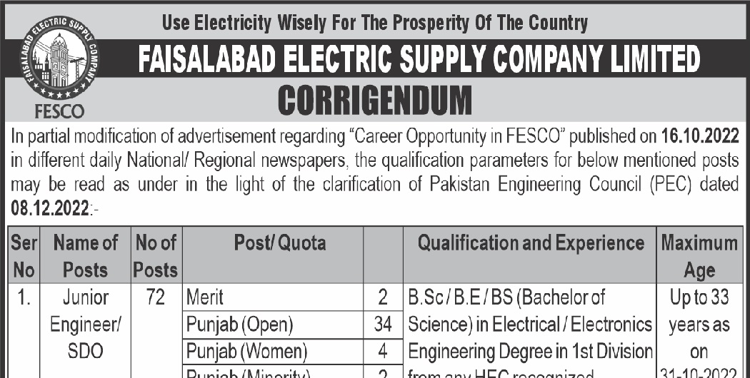 WAPDA Jobs 2023 for SDOs Junior Engineers in FESCO