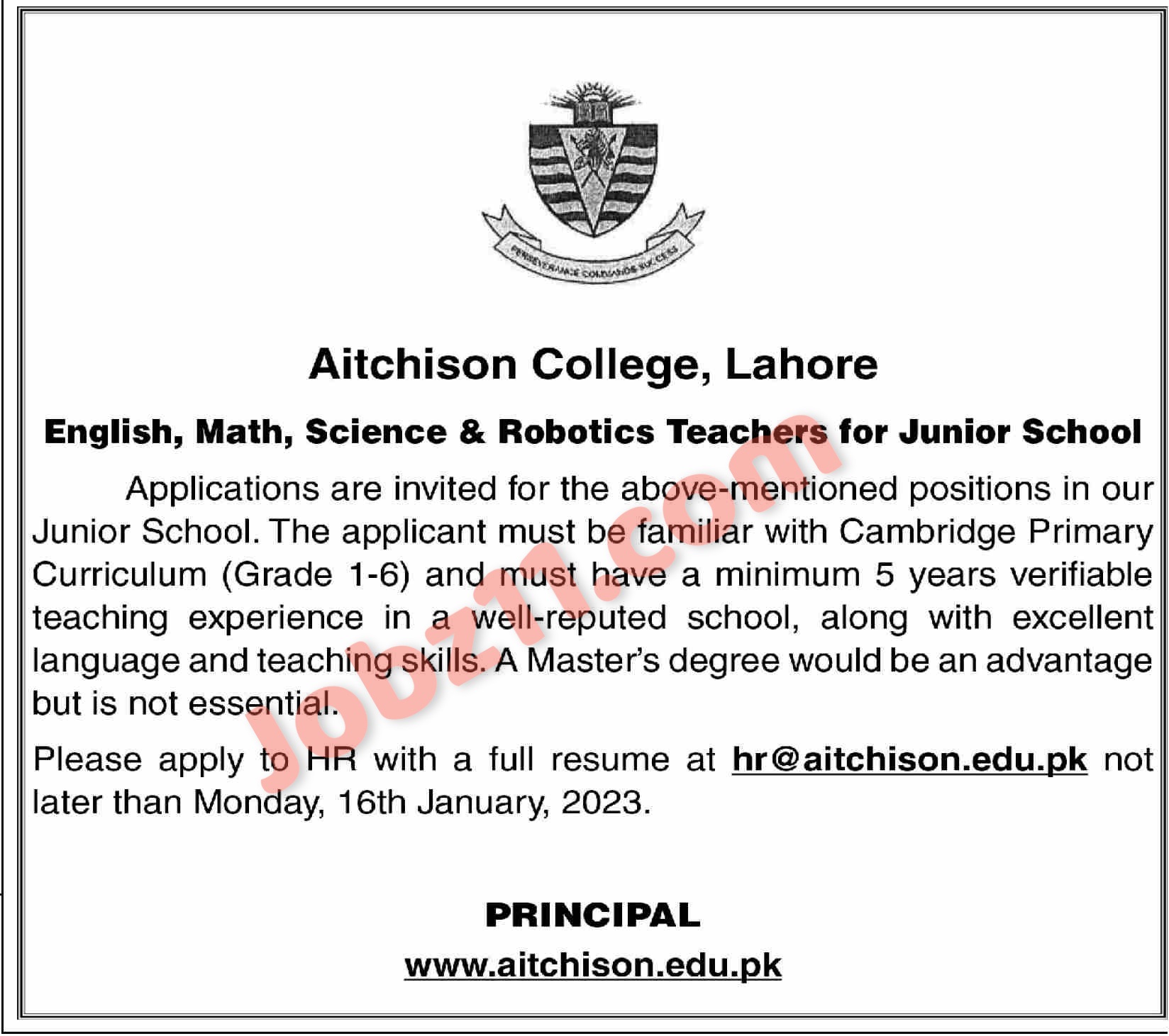 Aitchison College Lahore Jobs 2023 Junior School Teacher Jobs for Maths, English, Science