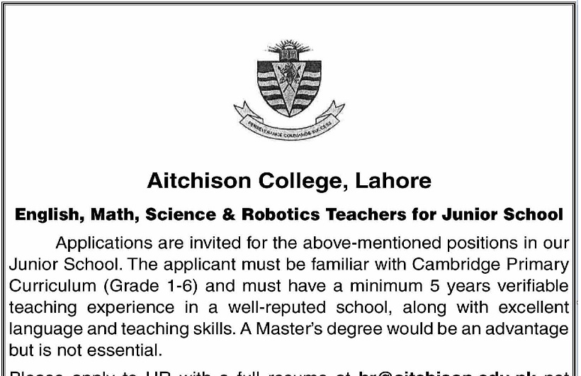 Aitchison College Lahore Jobs 2023