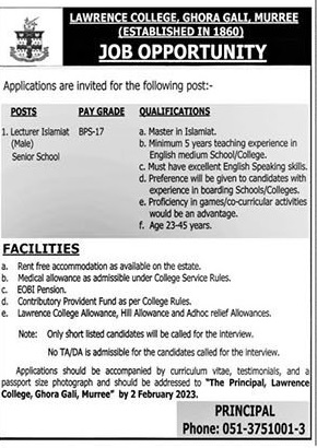 Lawrence College Murre Jobs 2023 Islamiat Lecturer Latest Careers