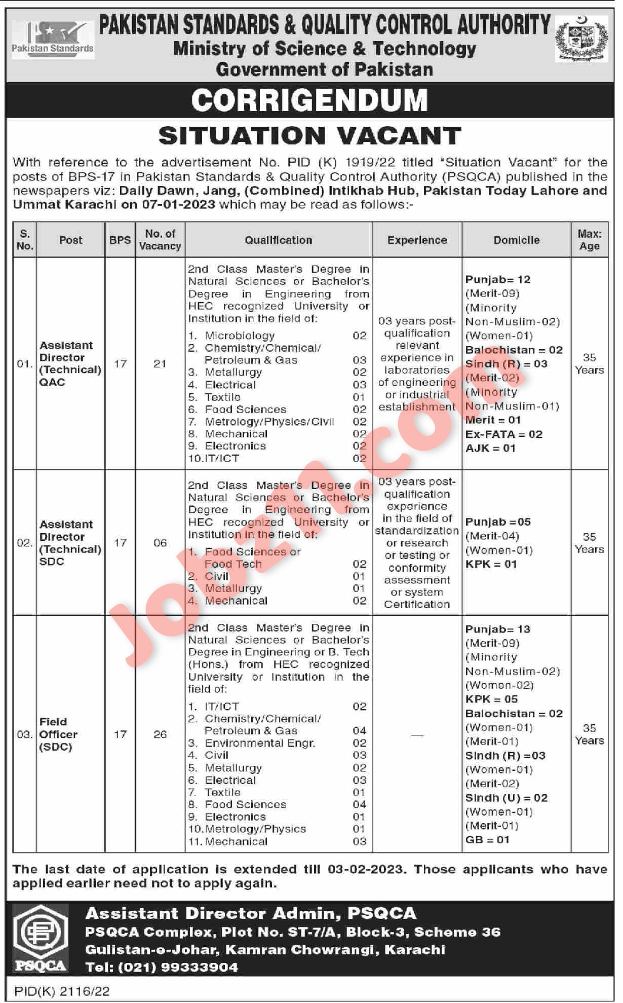 Pakistan Standard Control Authority Jobs 2023 for Assistant Directors, Filed Officers