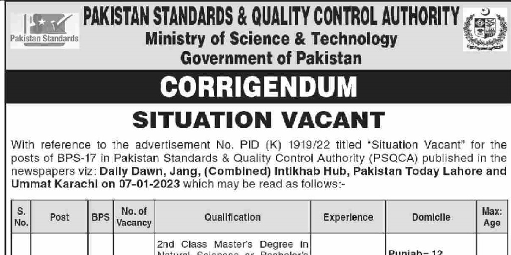 Pakistan Standard Control Authority Jobs 2023