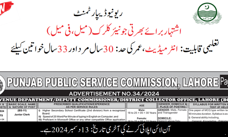 Revenue Department Junior Clerks Jobs 2024 (Males & Females)