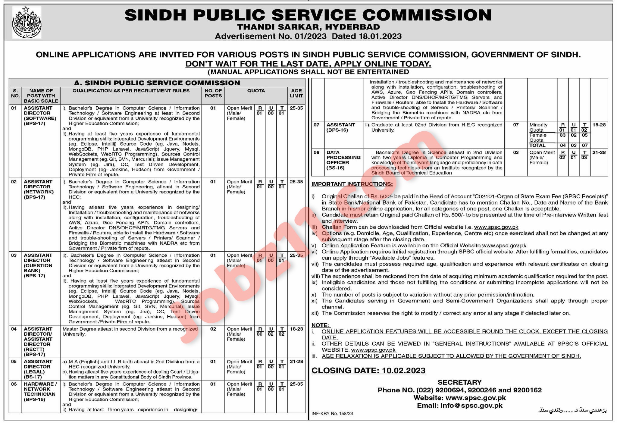 SPSC Jobs 2023 Sindh Public Service Commission Ad 01 2023