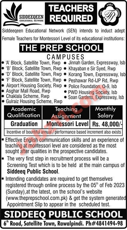 Teaching Jobs in Islamabad 2023 Montessori Level Online Applications