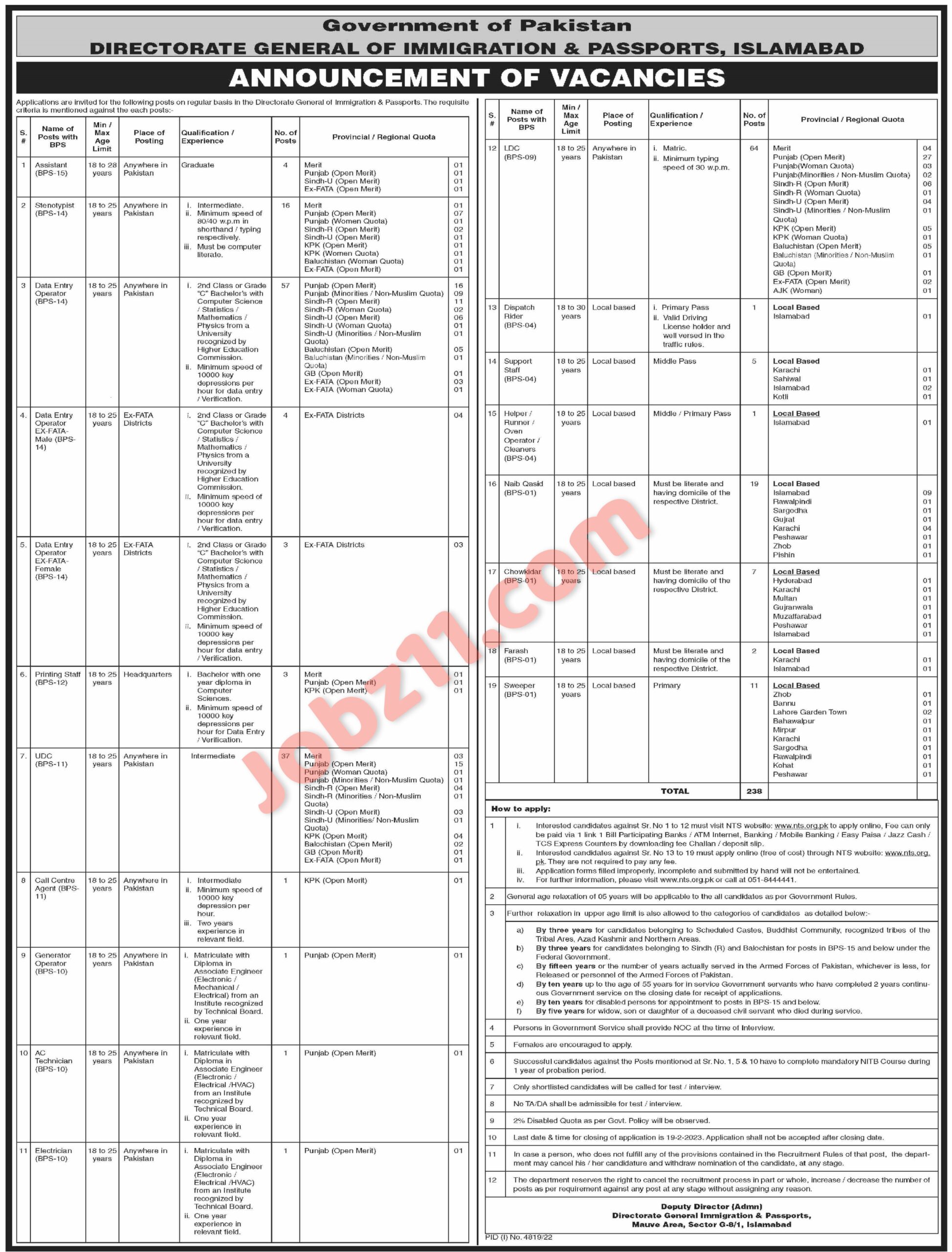 GDIP Directorate General Immigration and Passport Jobs 2023 via NTS Online Applications