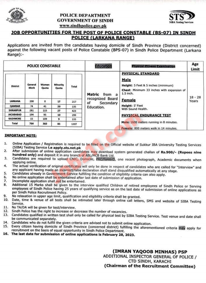 Sindh Police Constables and Lady Constable Jobs 2023 Online Applications for 1207 Posts