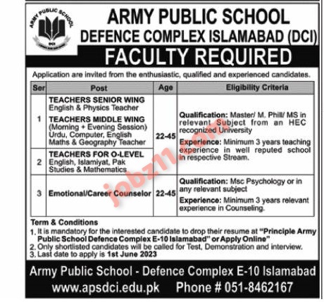 Army Public School APS Defence Complex Jobs 2023 - Online Apply