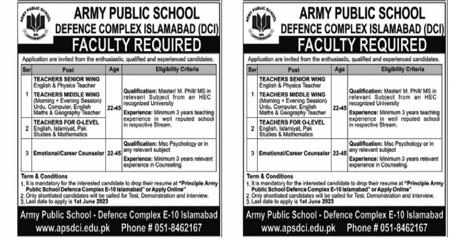 Army Public School APS Defence Complex Jobs 2023