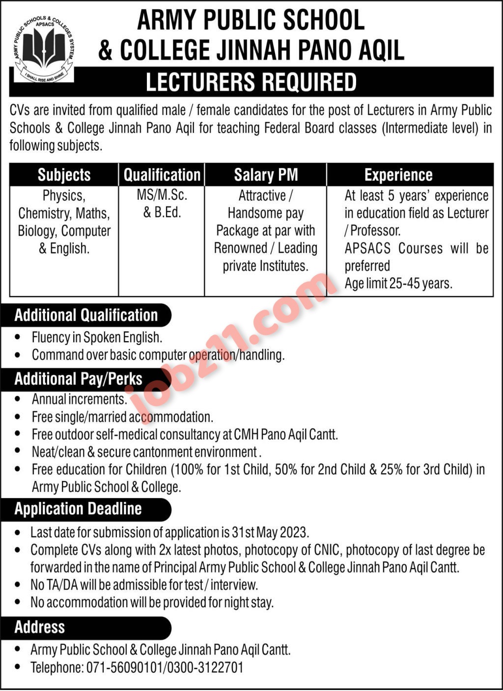 Army Public School and College Jobs for Lecturers 2023 Latest Advertisement