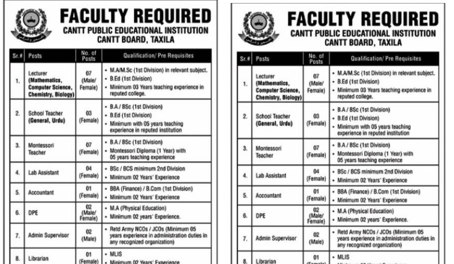 Cantt Public Educational Institute Teaching Jobs 2023 - Online Apply