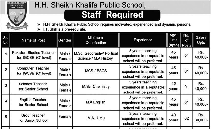 HH Sheikh Khalifa Public School Teaching Jobs 2023