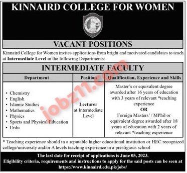 Kinnaird College Lecturer Jobs 2023 for Intermediate Level