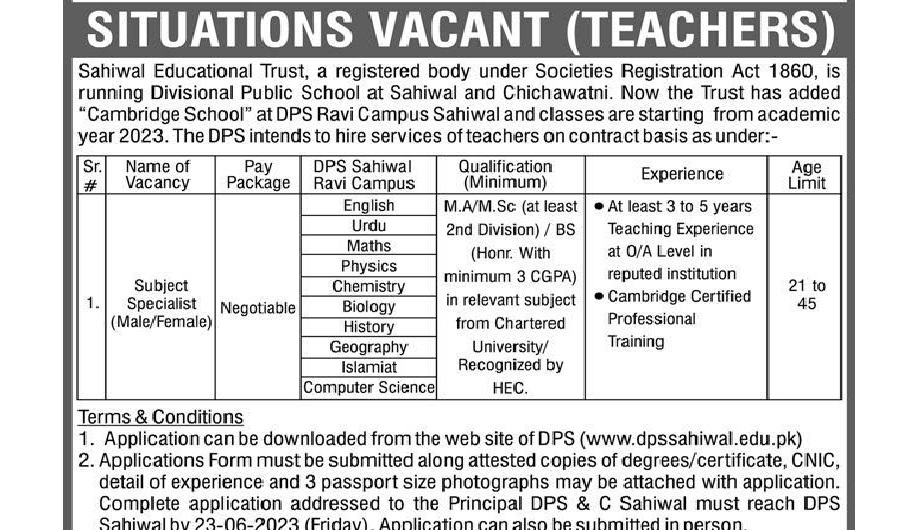 Divisional Public School And College Teaching Staff Jobs 2023 Download Application Forms 