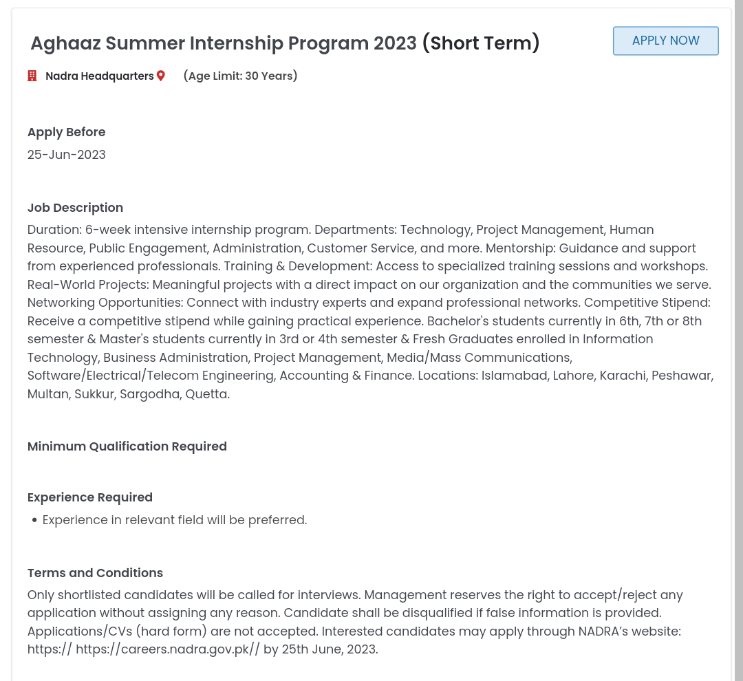 NADRA Aghaaz Summer Internship Program 2023