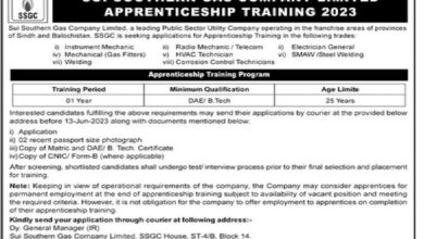 Sui Southern Gas Company SSGC Apprenticeship Program 2023 Advertisement