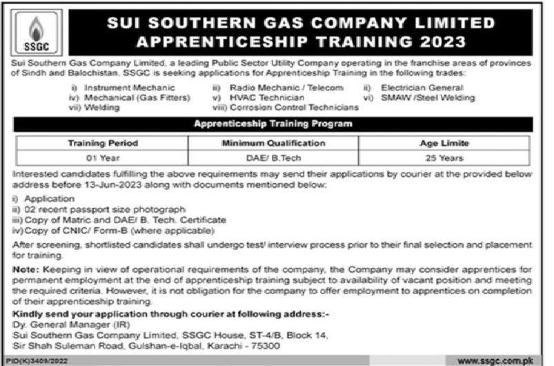 Sui Southern Gas Company SSGC Apprenticeship Program 2023 Advertisement