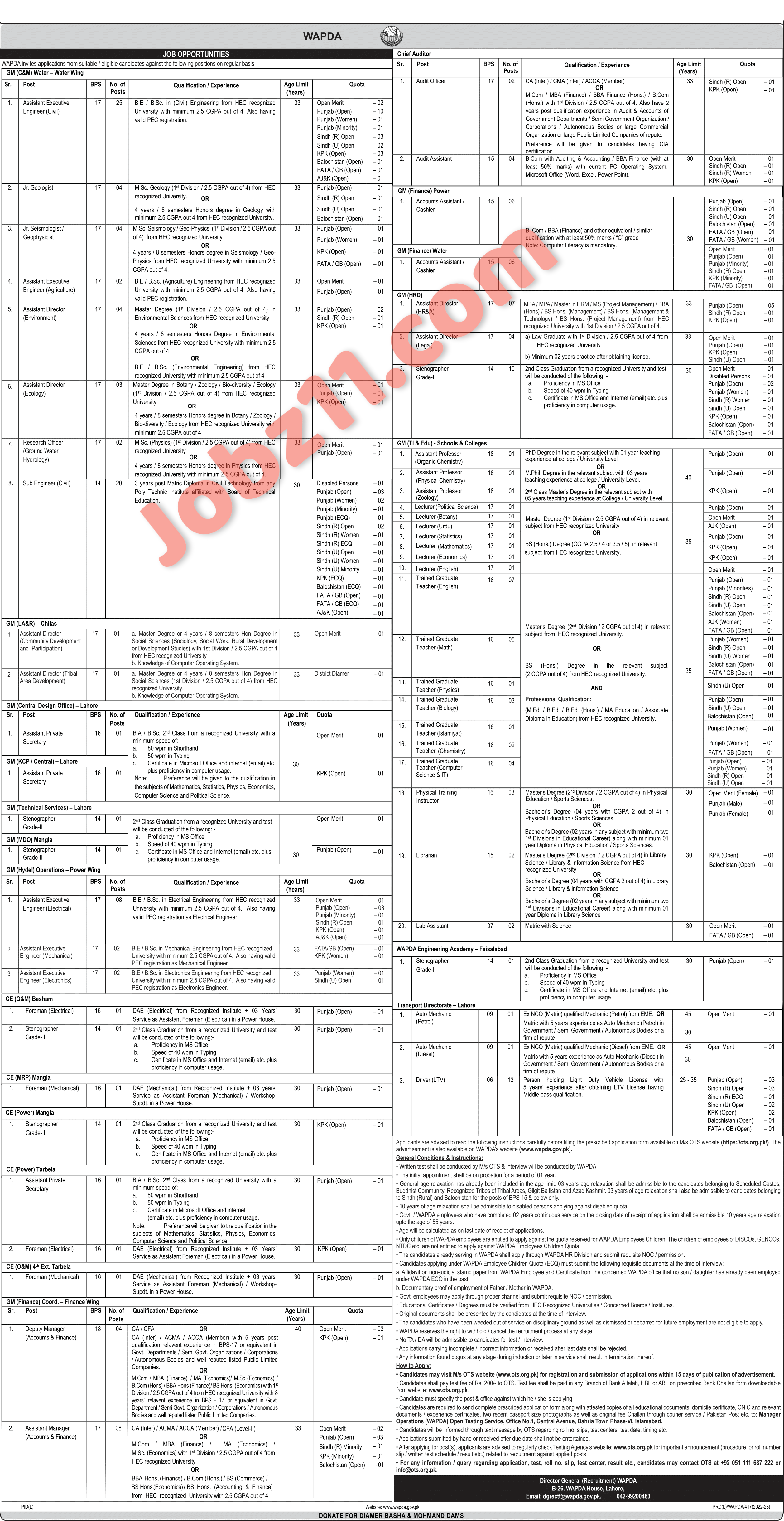 WAPDA Jobs 2023 for Lecturers and Trained Graduate Teachers