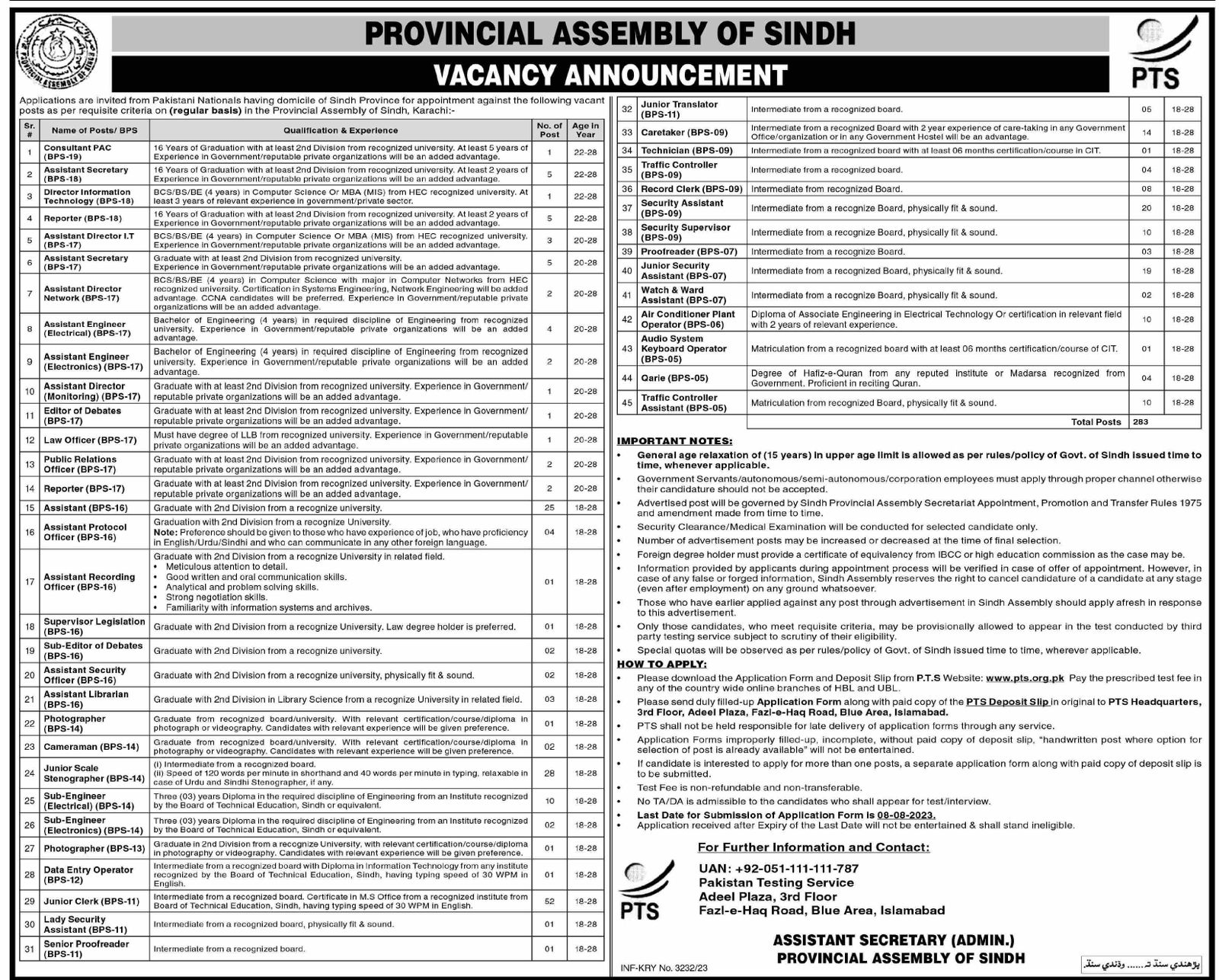 Sindh Provincial Assembly Jobs 2023 Latest Advertisement Download PTS Application Forms