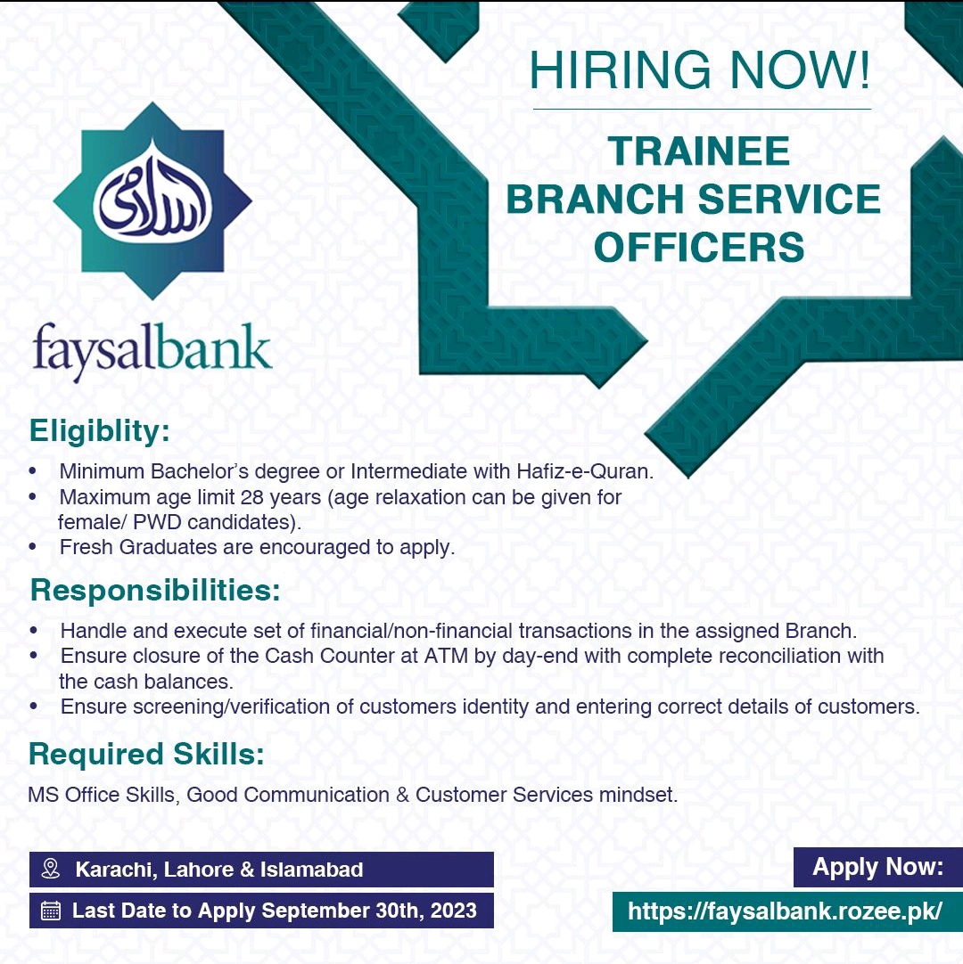 Faysal Bank Hiring for Trainee Branch Service Officers 2023 Across Pakistan
