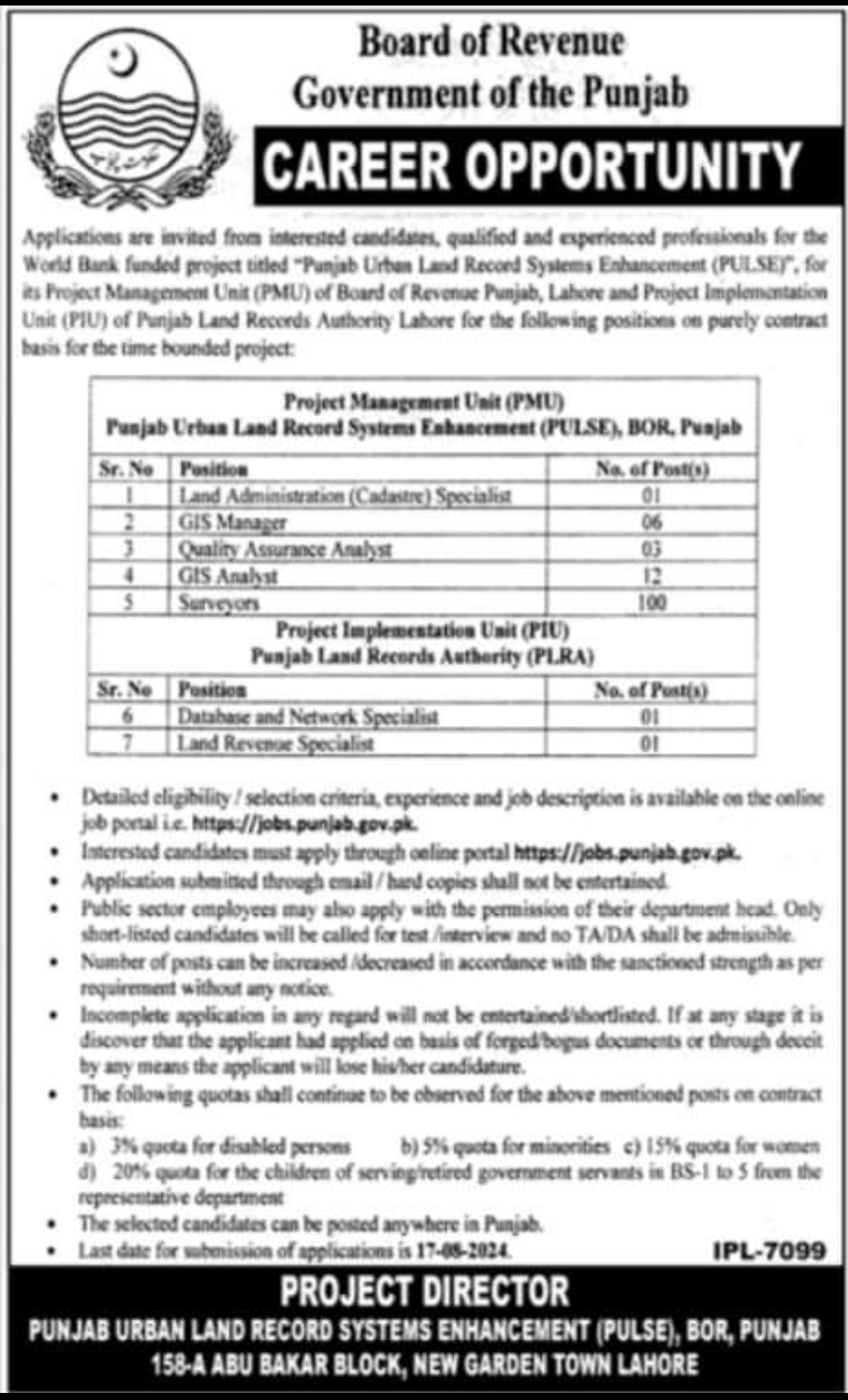 Board of Revenue Punjab Jobs 2024 Latest Advertisement Online Apply