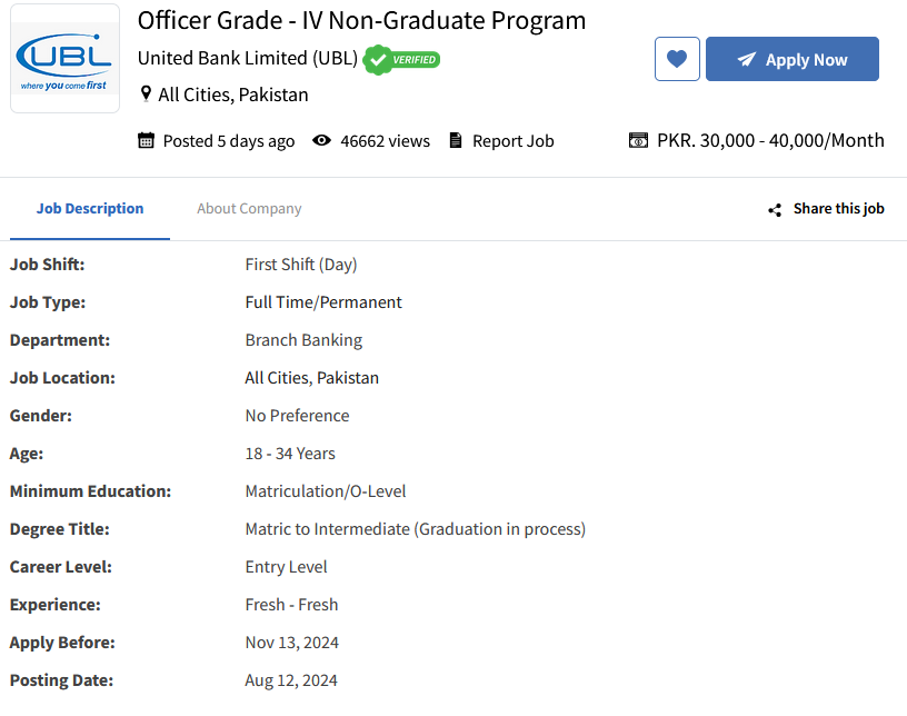 UBL Jobs 2024 for Inter Pass Students