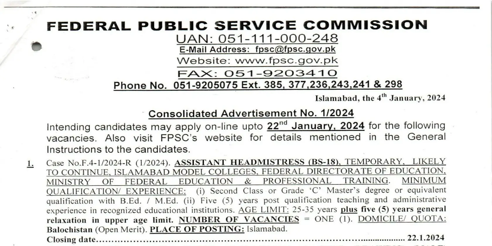 FPSC Job Vacancies In January 2024 Via Advertisement 01 2024   FPSC Jobs 2024 Advertisement No 01.webp