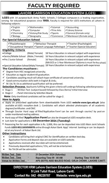 Lahore Garrison Education System Jobs 2024