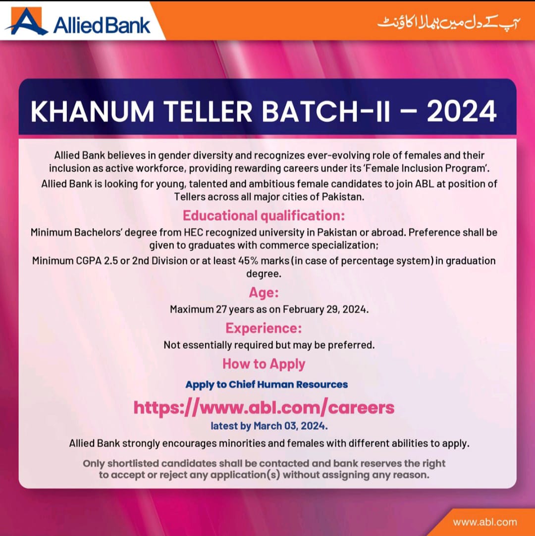 Allied Bank Khanum Teller Batch 2024 Batch II Advertisement