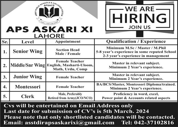 Army Public School APS Askari XI Jobs 2024