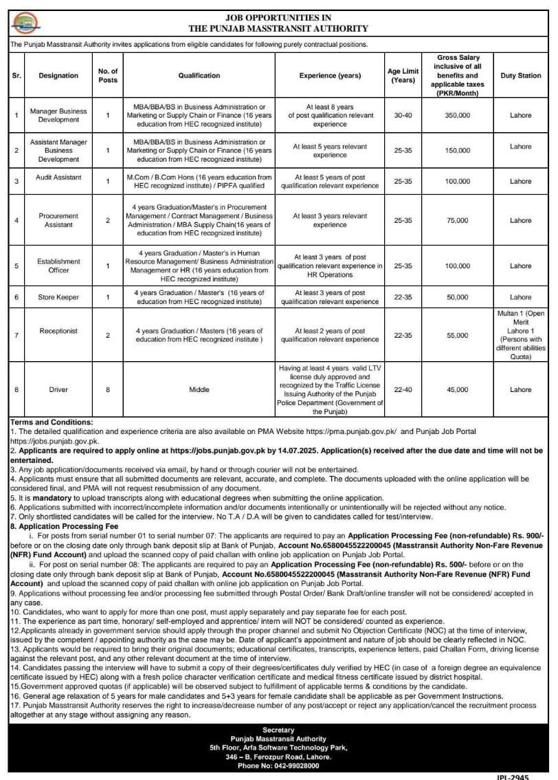 Punjab Masstransit Authority Jobs 2025 - 1