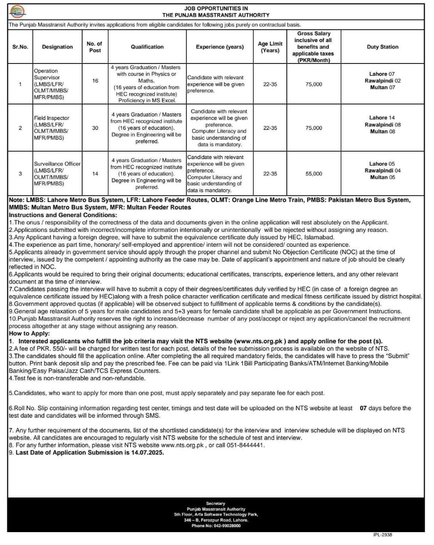Punjab Masstransit Authority Jobs 2025 - 2