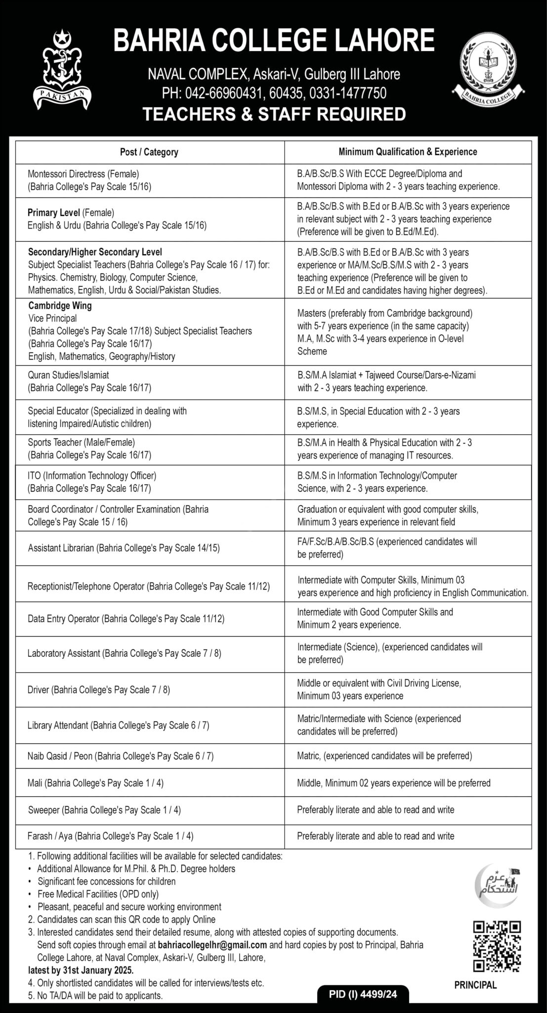 Bahria College Teaching Jobs 2025